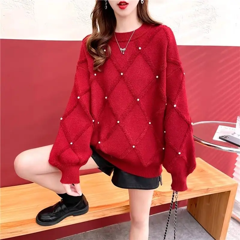 Diamond Shaped Pearl Decoration Red Women's Sweater Autumn Winter Western Style Casual Thickened Temperament Knit Top for Women