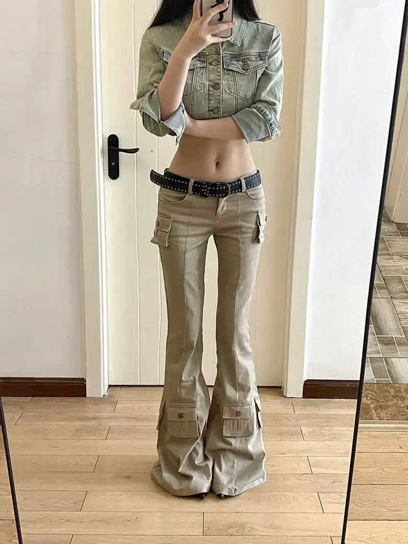 2025 Otoño Invierno pantalones Cargo de mezclilla para mujer Y2k pantalones vaqueros de tiro bajo Gyaru trompeta pantalones campana inferior 2000s Harajuku Grunge apilados