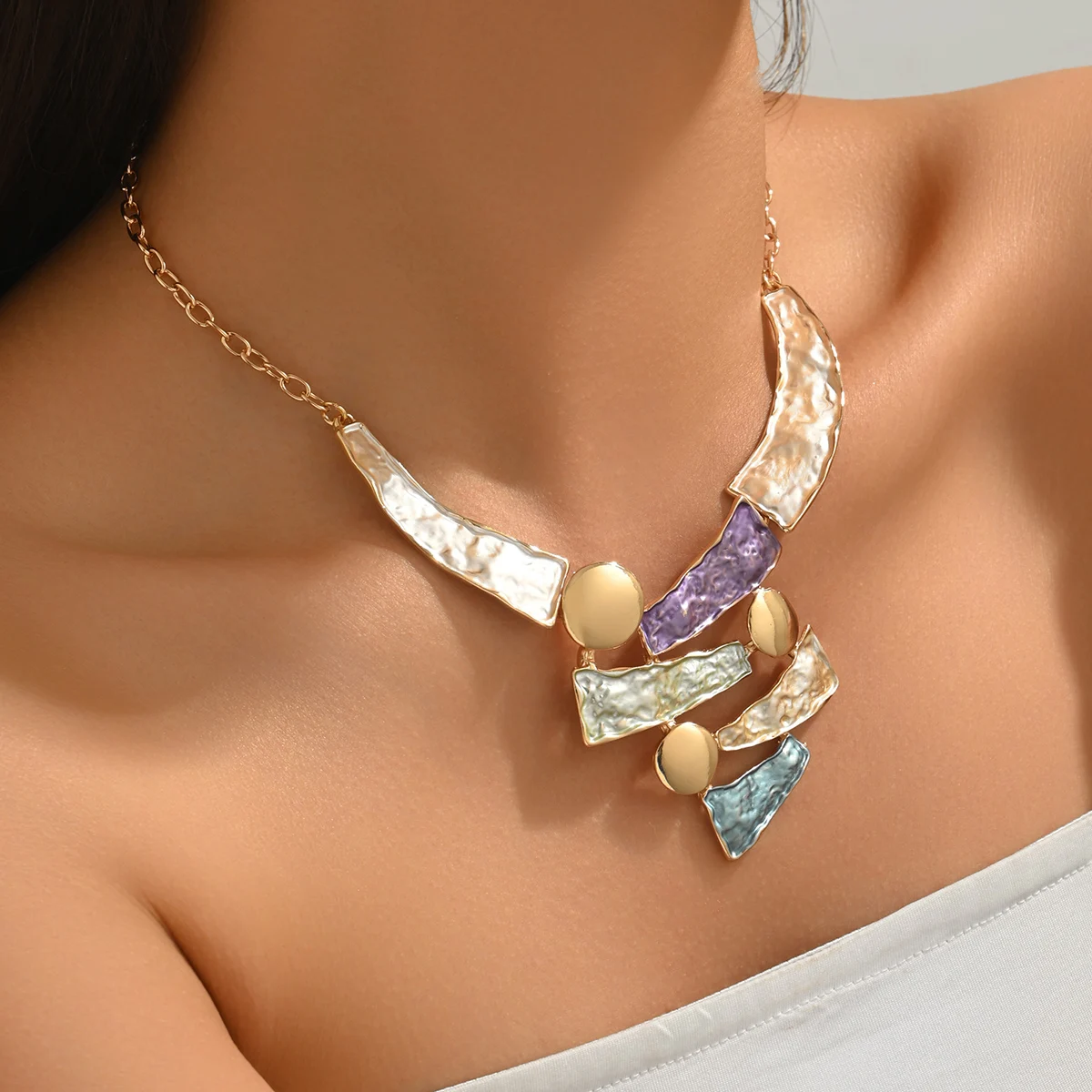Boho Colorful Enamel Geometric Bib Necklace Hammered Statement Jewelry for Women Beach Vacation Party Daily Wear