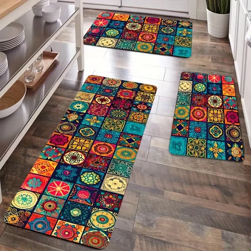 Vibrant Bohemian Style Square Non-Slip Sponge Floor Mat for Kitchen, Bathroom, Dining Room, Kitchen Floor Mat