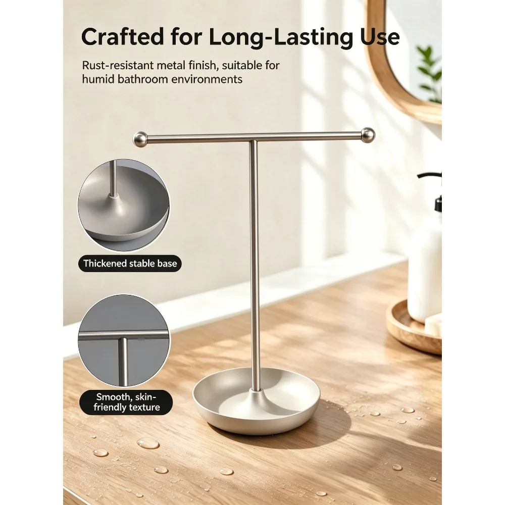 Countertop T Shape Hand Towel Stand Stainless Steel Tabletop Towel Holder with Storage Tray No Drill Bathroom Vanity Towel Rack