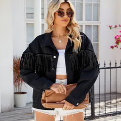 Solid Color Washed Rivet Fringe Denim Jacket, Women's Spring New Fashion Loose Casual Patchwork Denim Jacket, Street Style, Y2k