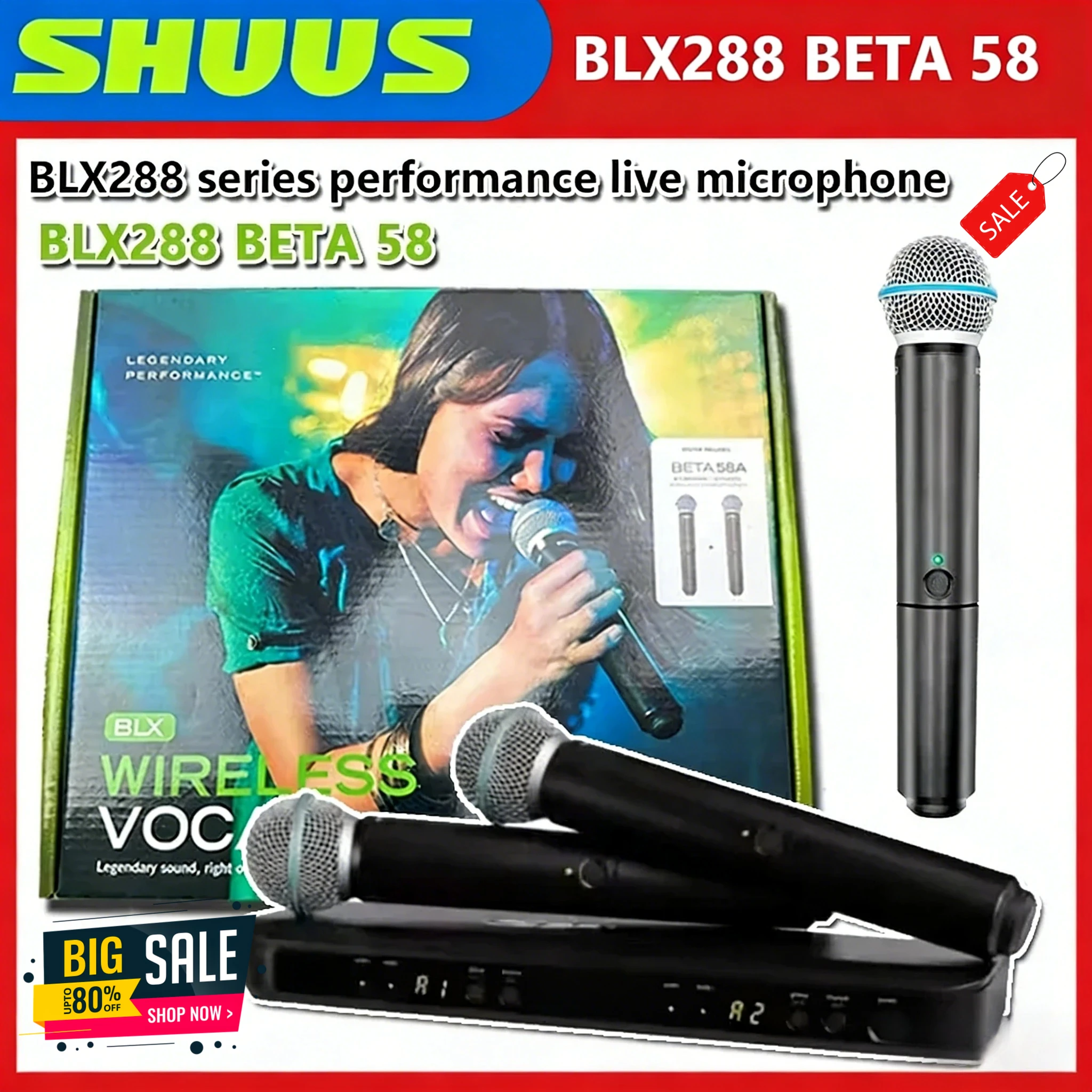 

Беспроводная микрофонная система HOT Mic BLX288/BETA58 UHF с двумя ручными суперкардиоидными передатчиками для живых выступлений и караоке