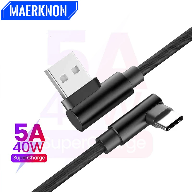 Кабель Maerknon 5A USB Type C двойной кабель для быстрой зарядки 90 градусов для Xiaomi 13 mi 11 Realme Samsung iPhone 15 игровой шнур для передачи