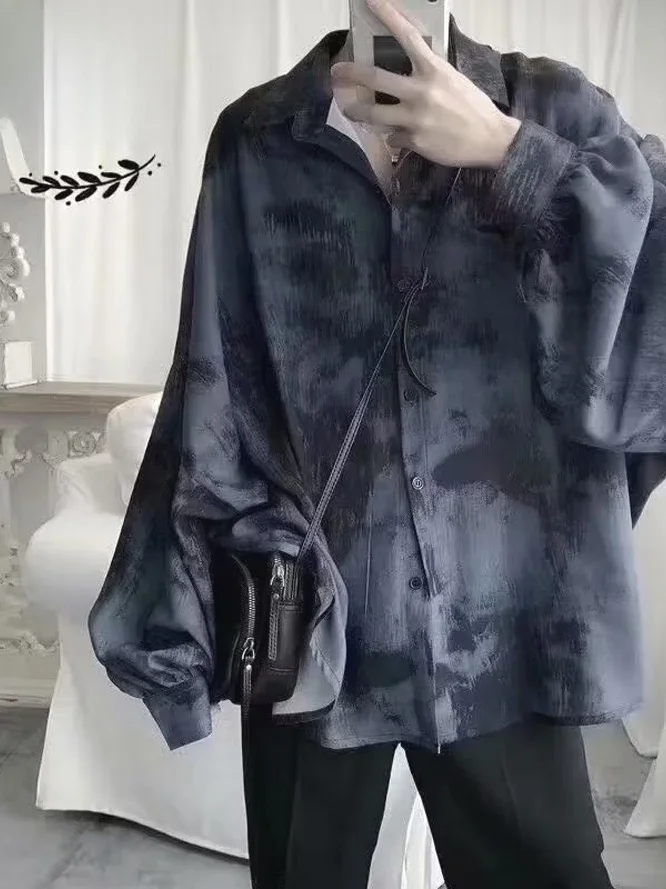 Loose Long Sleeve Blue Tie Dye Shirt Men's Lazy Loose Feeling Washed out Thin Outerwear Ice Silk Youth Fashion Spring Autumn ...