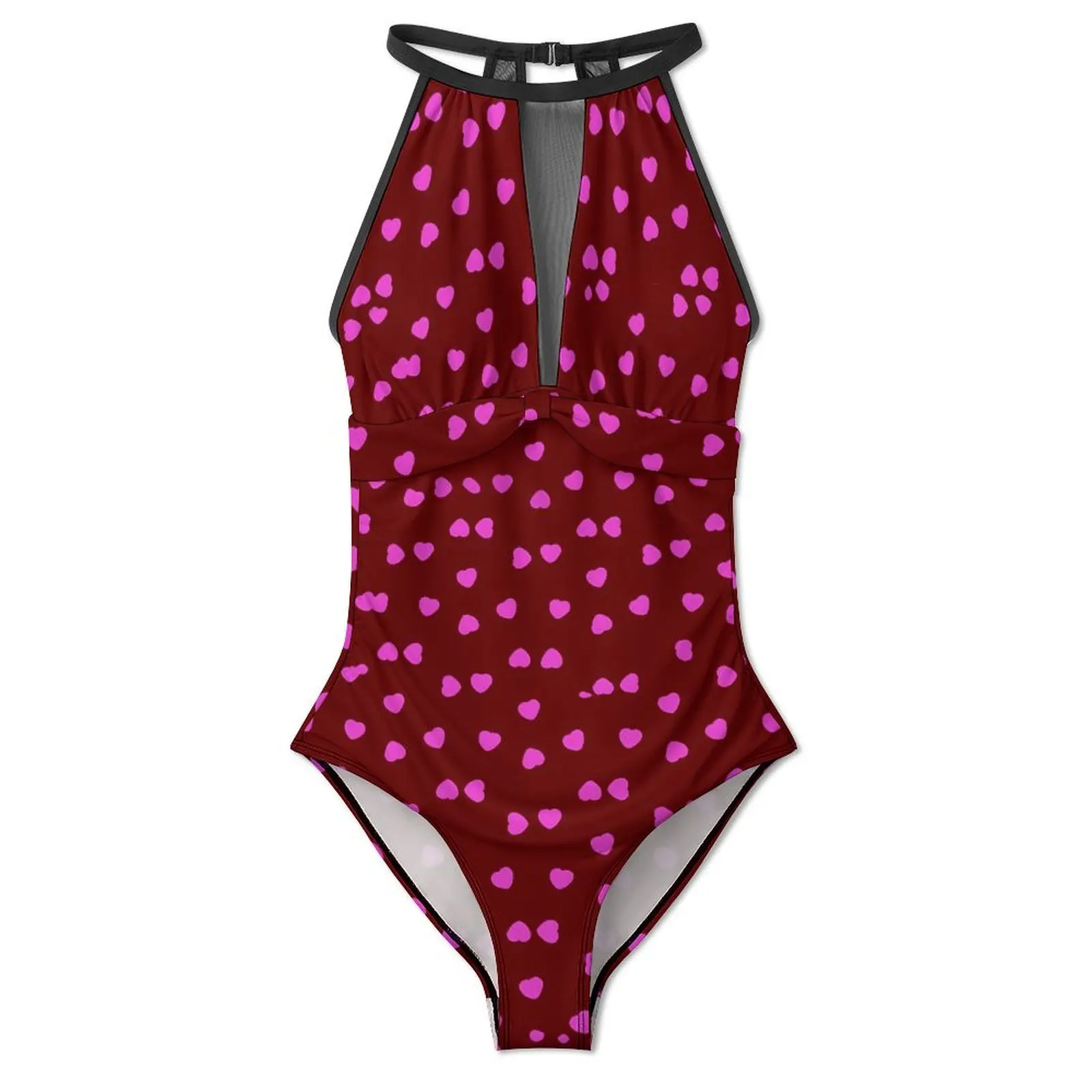 Pink Hearts Pirnt Swimsuit Happy Valentine One-Piece Swimwear Push Up Stylish Bathing Suit Sexy Beach Pattern Swimsuits