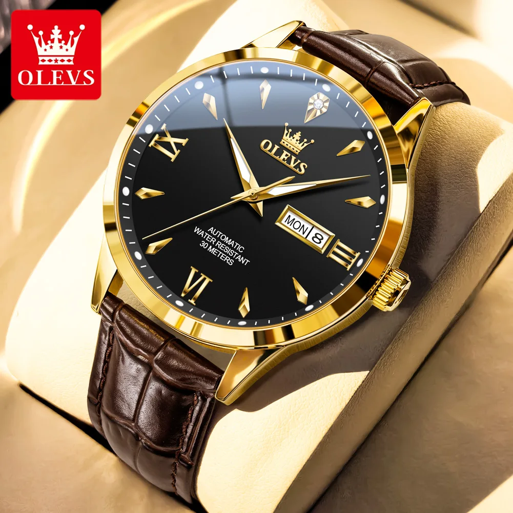

OLEVS Original Luxury Watch For Men Automatic Mechanical Wristwatches Waterproof Classic Watch Leather Strap Date Gold Black