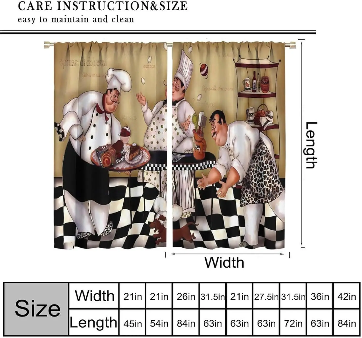 Kitchen Chef Retro Curtains, Vintage Three Fat Chef Cook Theme Art Printed Window Drapes for Bedroom and Living Room