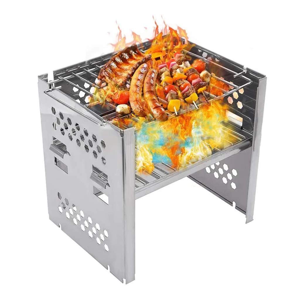 

Outdoor Double-Layer Stainless Steel Mini Bonfire Grill Stove Foldable Picnic Stove with Freestanding Installation Fuel Wood