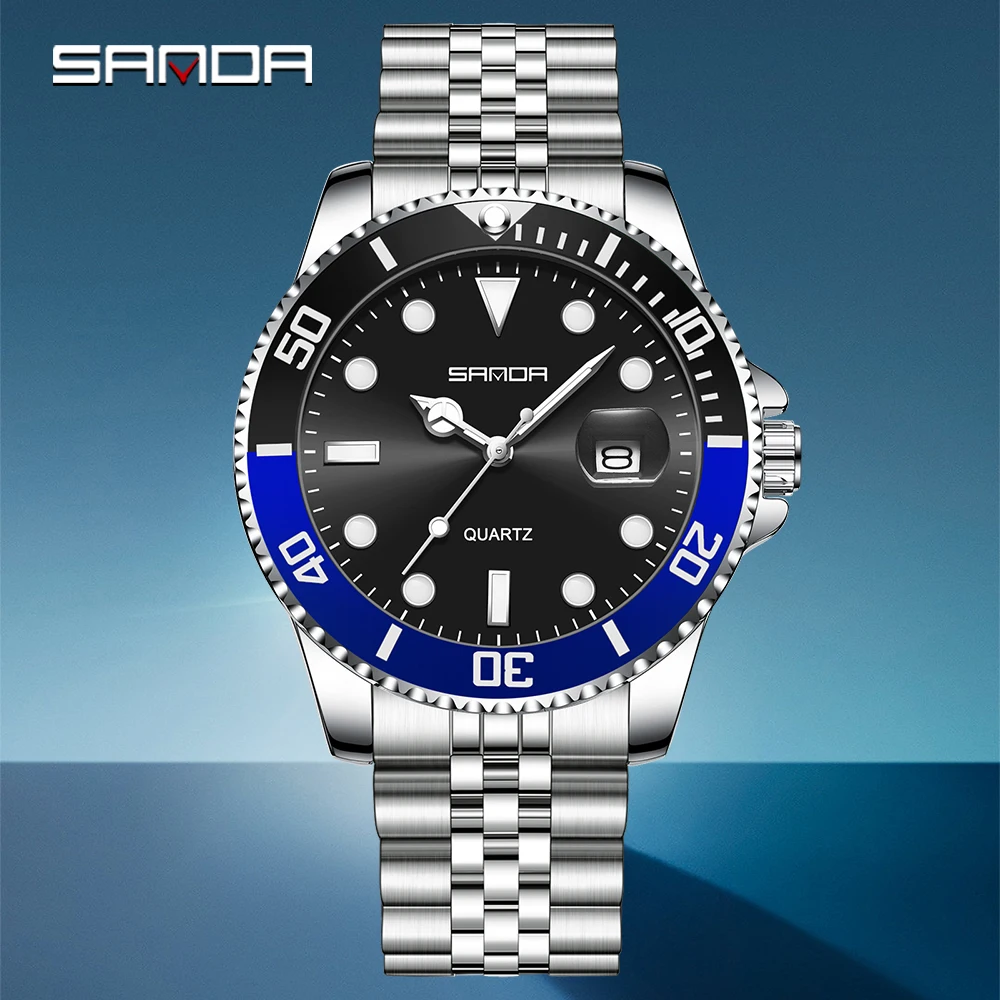 Модные мужские кварцевые часы SANDA 1099 со стальной полосой Five Baht, водонепроницаемые, с ночным светом и календарем, роскошные деловые мужские кварцевые часы