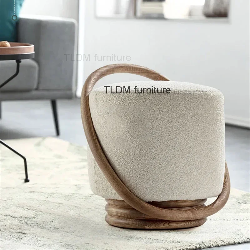 Designer Solid Wood Low Stool Simple Modern Living Room Stool Household Luxury Bedroom Makeup Stools Fabric Soft Round Footstool