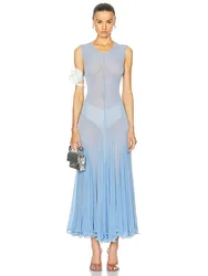 y2k spring and summer simple see-through long fishtail dress sleeveless round neck Womens dresses2024temperament  Party dresses