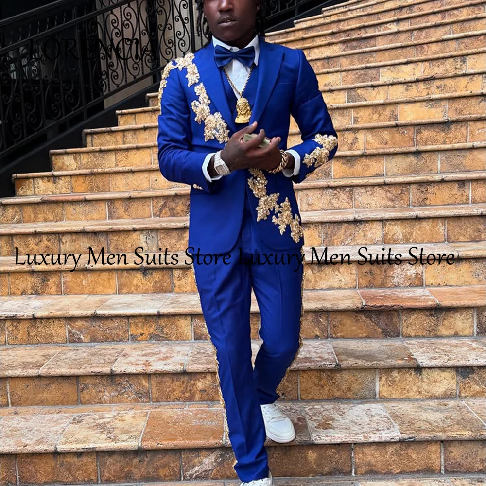 

Elegant Golden Ornaments Suits for Men 3 Pieces Flat Collar Wedding Party Gowns Customized Blazer Pants jaqueta masculina couro