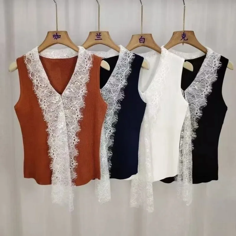 

Lace Patchwork V Neck Knitted Vest Women Korean Thin Y2k Sleeveless Slim Fit Sweater Summer Elegant Sexy Solid Crop Top