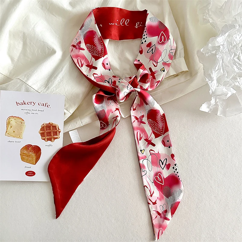 Luna&Dolphin Women Spring Skinny Long Scarf Red White Felower Love Print Chiffon Silk Tie Bag Ribbon Headband Choker