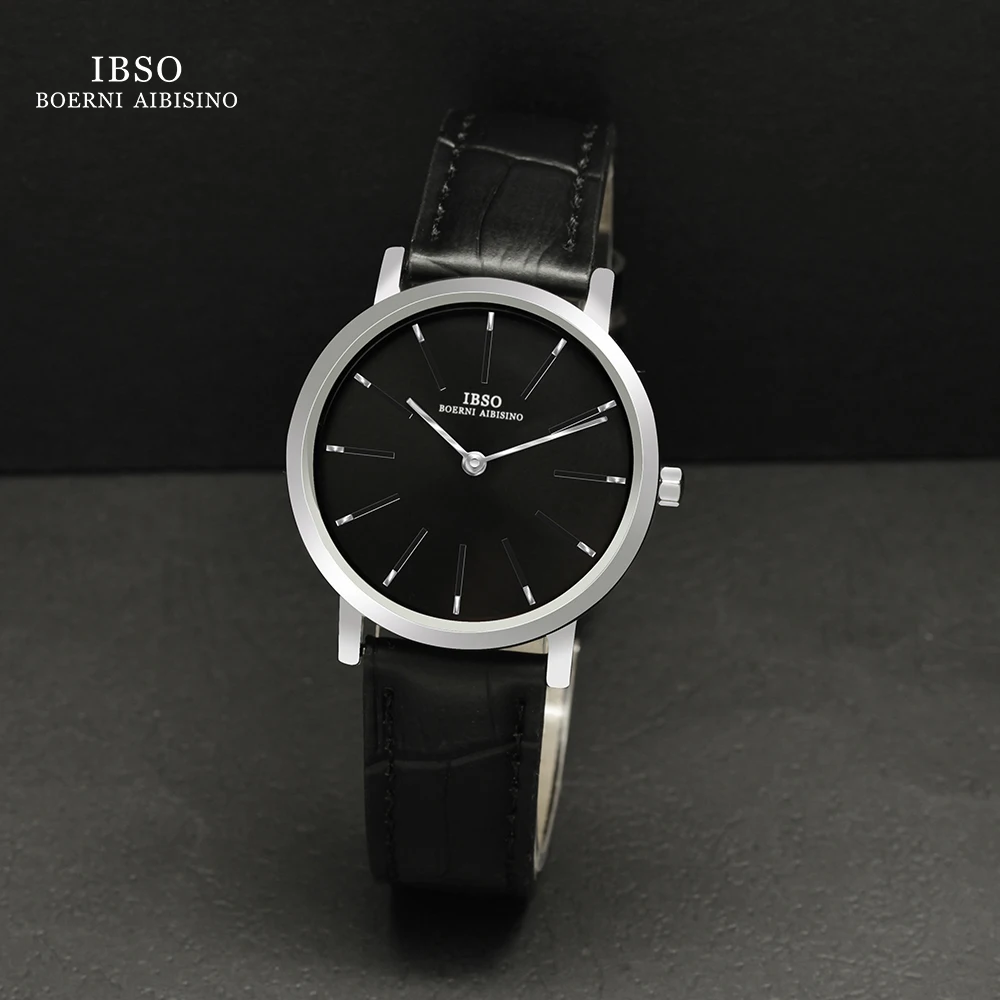 IBSO 2022 New Arrival Women Elegant Quartz Watches S2222L Genuine Leather Strap Full Black Watch Ladies Simple Dial Waterproof