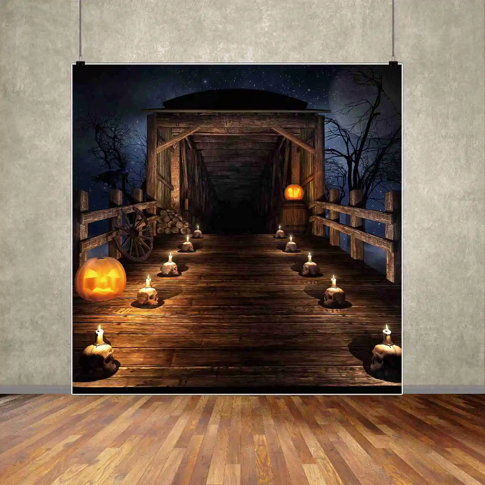 MOON.QG Photography Backdrop Exterior Halloween Outdoor Decoration Photo Background Wooden Corridor Candles Lights Up Props