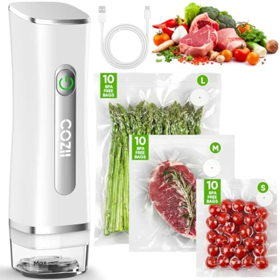 

Вакуумный упаковщик для продуктов питания, мощный ручной вакуумный упаковщик с 30 многоразовыми пакетами, перезаряжаемый, со съемным прозрачным резервуаром