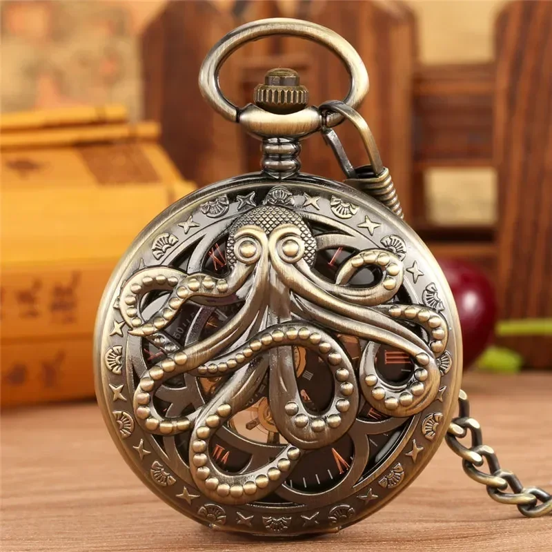 Stempunk Octopus Design Men Women Mechanical Hand Winding Pocket Watch Roman Number Fob Chain Skeleton Clock Relogio De Bolso
