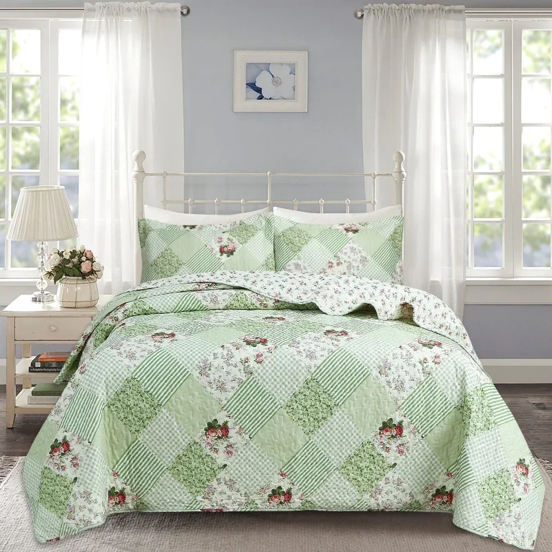 

Pink Plaid Printed Flowers Summer Quilt Twin Queen Size Light Quilted Bedspread Air-conditioning Blanket Comforter Bedding Set