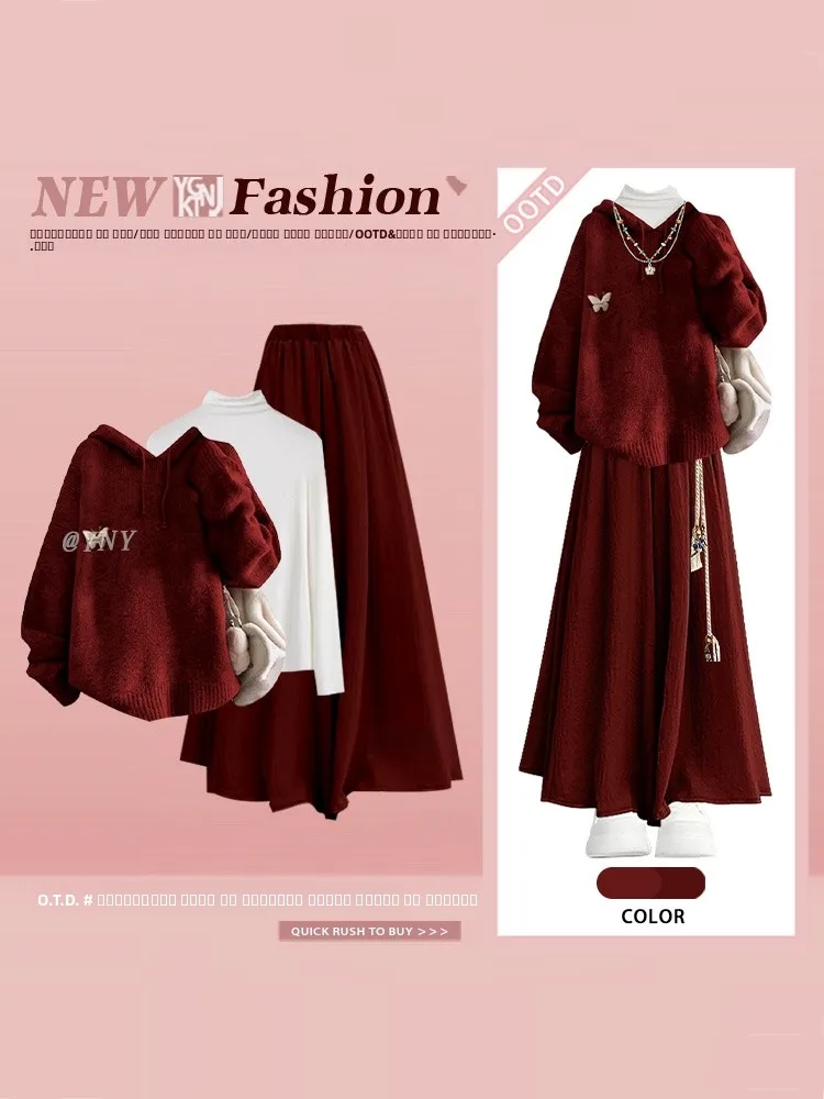 

Зимний вязаный комплект, женская свободная толстовка с капюшоном, широкая юбка, брюки, красный новогодний наряд для одежды для колледжа Sle Faion