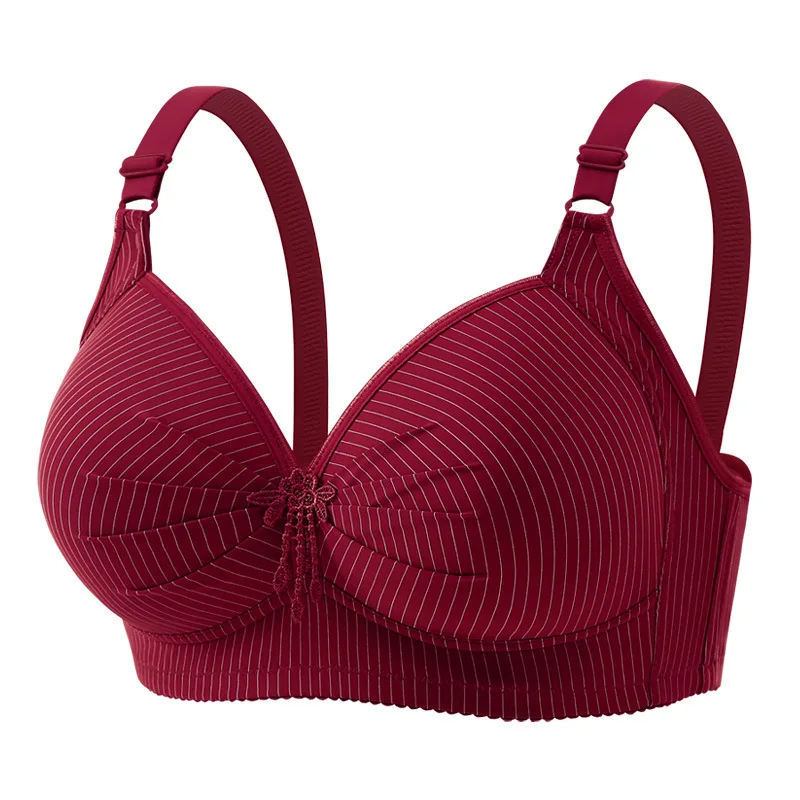 Lightly Molded Cup Striped Girls Bra Middle-aged Older Women Brassiere Three-row Hook Closure Lady's  Adjustable Strap No Pinch