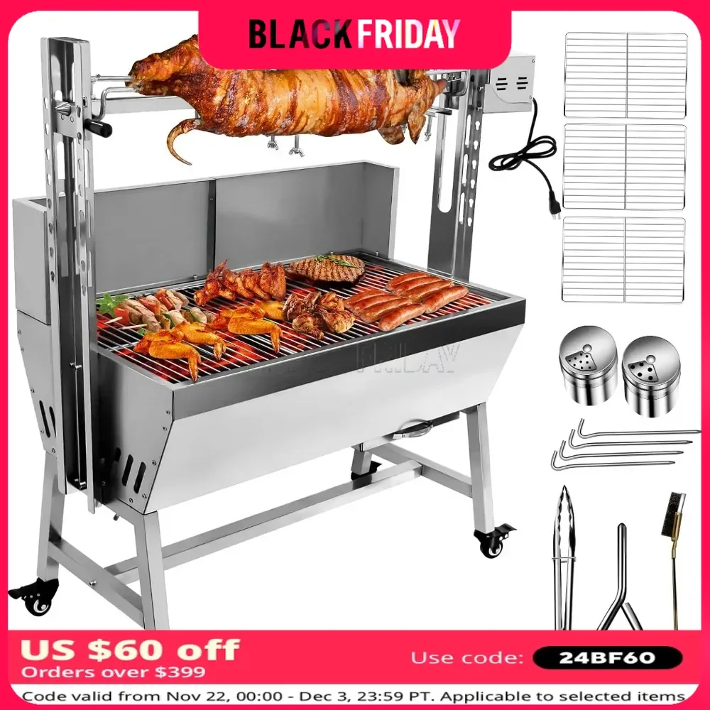 Stainless Steel Rotisserie Grill with Back Cover Guard, 25W Motor Small Pig Lamb 37 Inch BBQ Charcoal Rotisserie Roaster Grill