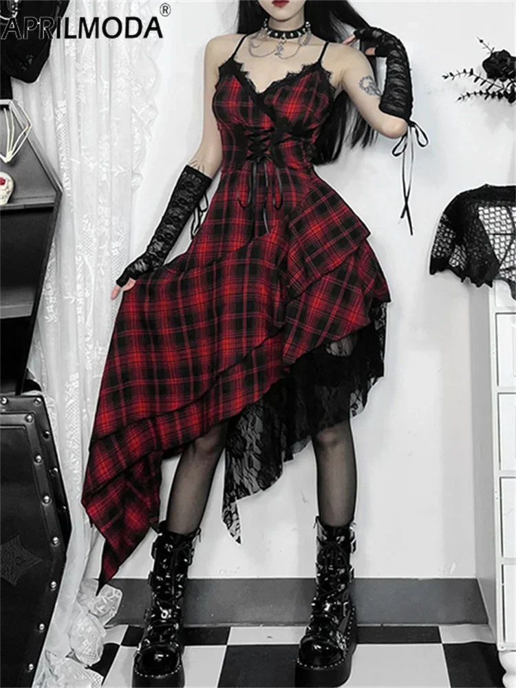 

2025 Summer Gothic Cosplay Harajuku Irregular Midi Long Dress Spaghetti Straps Patchwork Red Plaid Print Aesthetic Punk Dresses