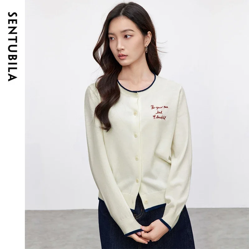 

SENTUBILA Patchwork 2 in 1 Cardigan for Women 2025 Spring Fall Straight Wool Blend Spliced Letter Embroidery Knitwear W51H58915