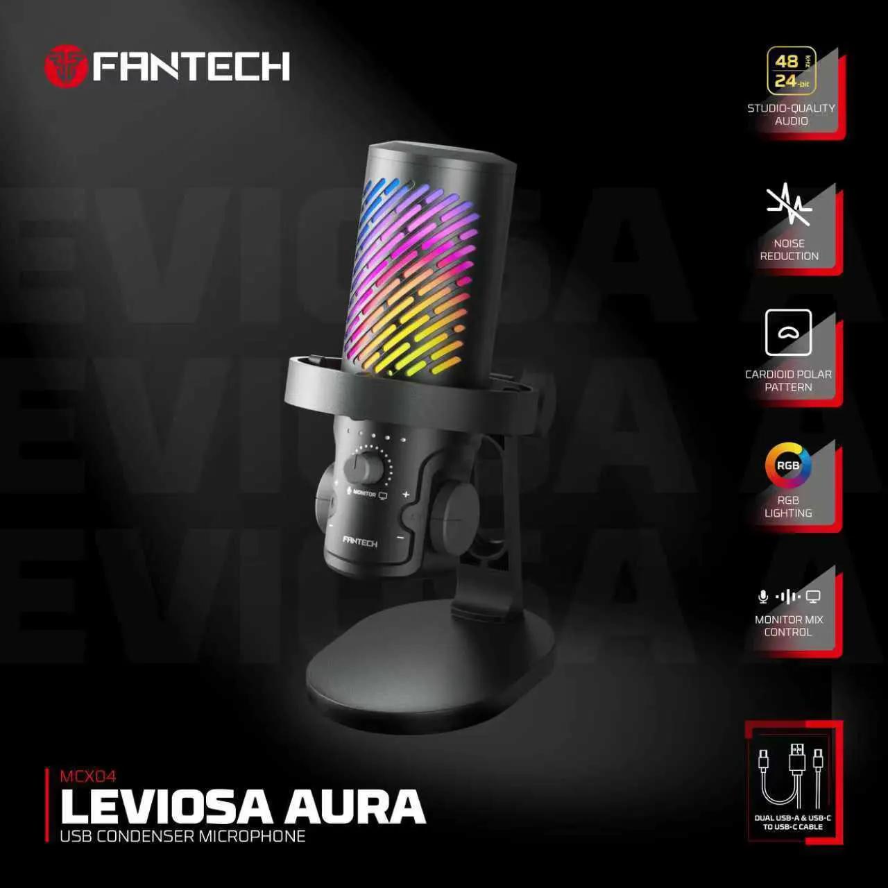 FANTECH LEVIOSA AURA MCX04 ENC USB Wired Microphone Built-in Listening Interface RGB Mute Button Cardioid Polar Pattern Mic