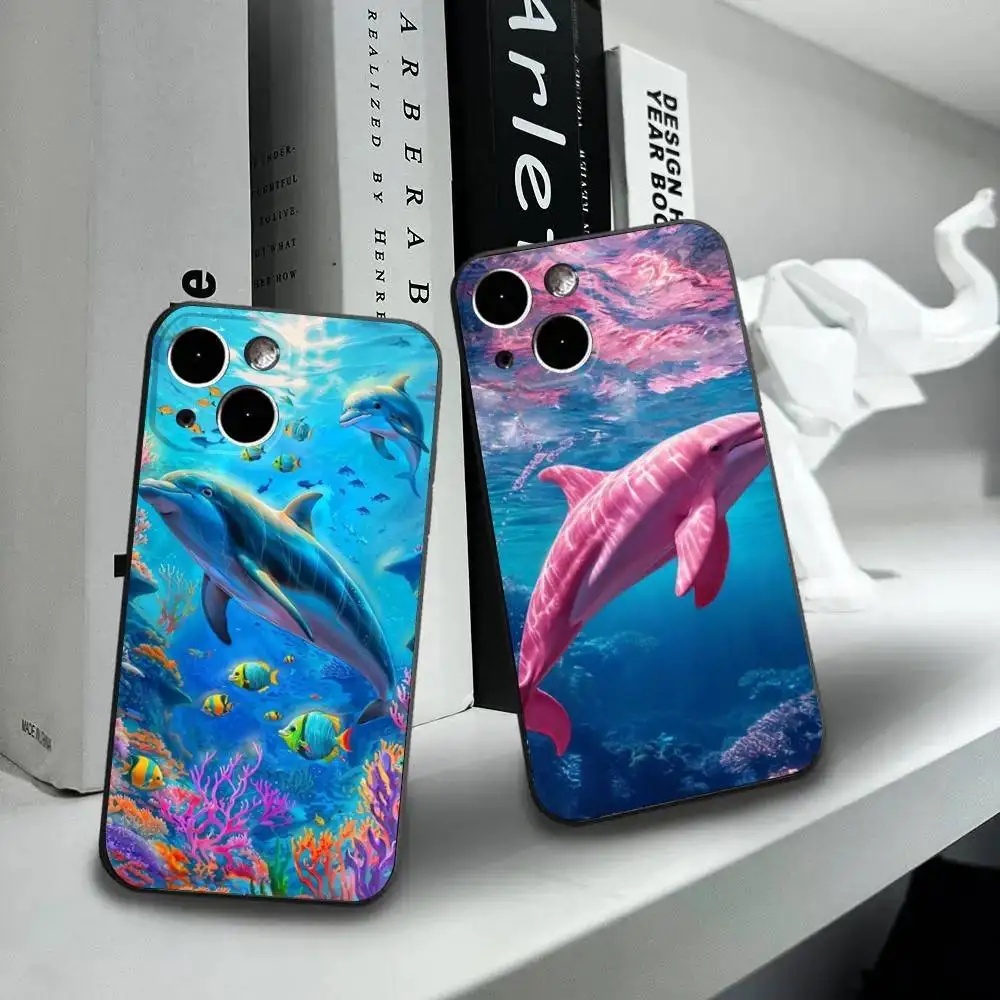 

Ocean Animal Cute Dolphin Sea Phone Case For iPhone16,15,14,13,12 Mini 11 Pro XR,X,XS,MAX 7,8 Plus Silicone Cover Soft Black