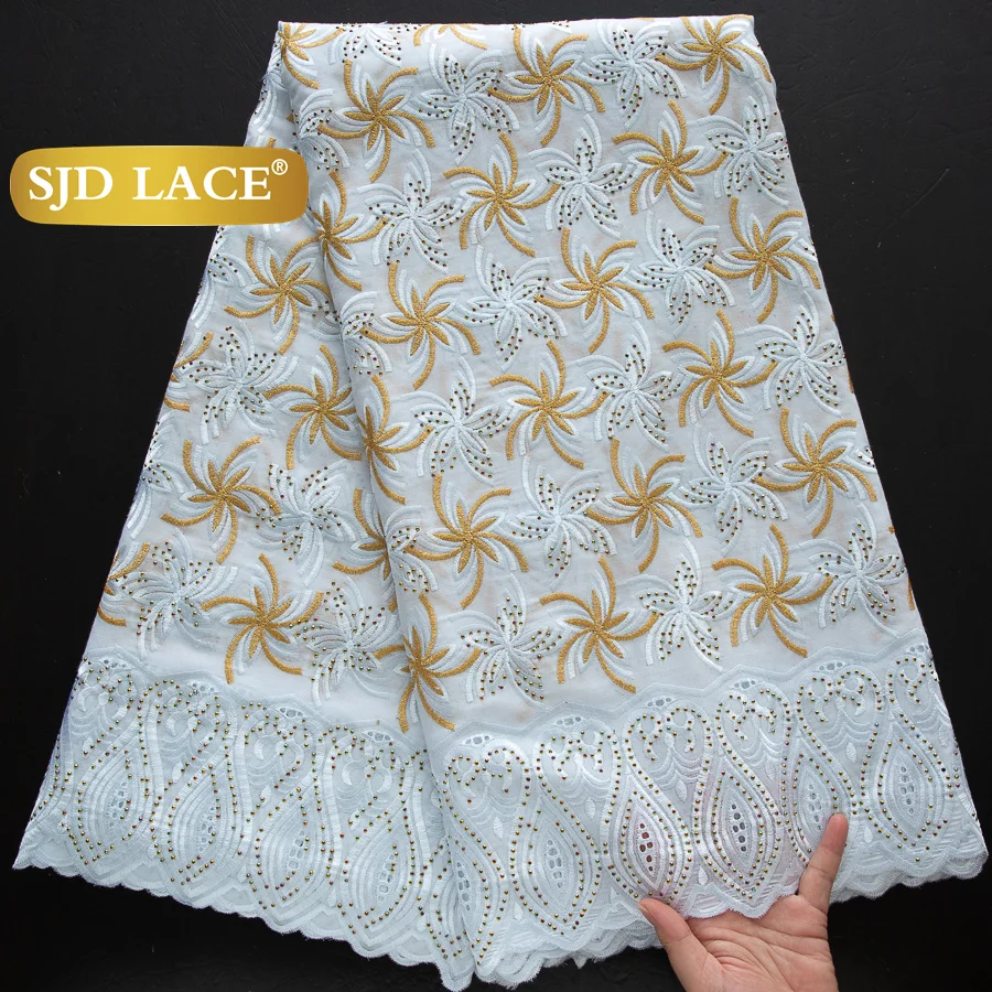 SJD LACE Swiss Voile Lace with Rhinestones 2025 High Quality African Nigerian Cotton Lace Fabrics for Women Wedding Dresses 4512