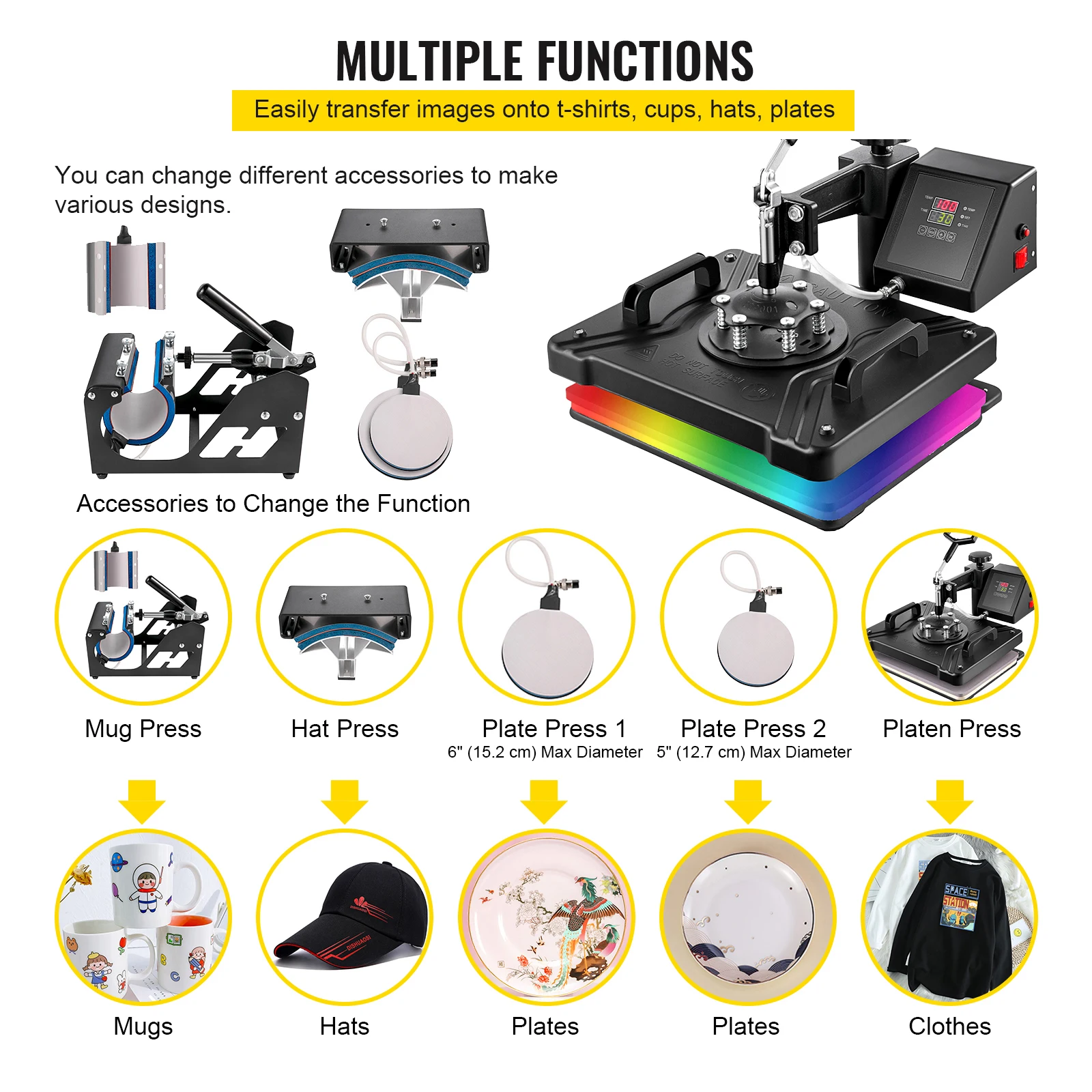 VEVOR 5 6 8 in 1 Pressa di Calore Macchina T-shirt Stampante a Trasferimento di Calore Muntifunzionale Sublimazione per Tazza/Tazza di Latte/Cappello/Piatto/Bottiglia