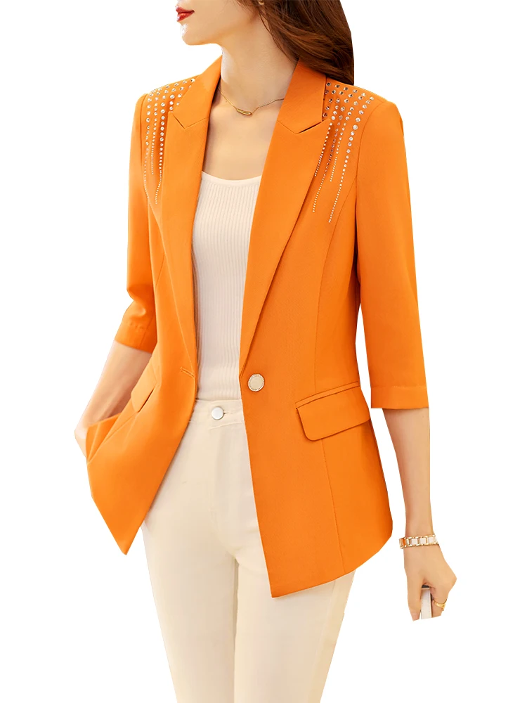 Women\'s Single Button Blazer, Office Ladies, Business Work Wear, Formal Jacket, Orange, Green, Black, Summer, Spring Coat