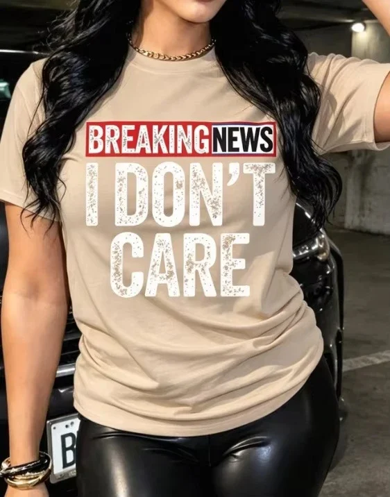 2026 Fashion New Distressed Breaking News I Don't Care Letter Graphic Tees Women Bold Slogan Y2K Style Round Neck Short Sleeve Summer Casual Basic Top Tee