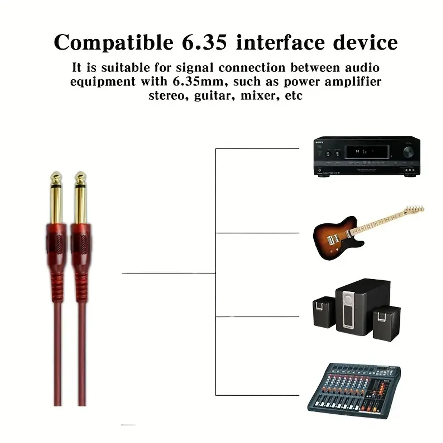 1pc 6.35mm 1/4in TRS Cable: 10ft/3m Audio Cable for Electric Guitar, Bass, Speaker - AMP Cord 1/4 Straight to Straight - Red