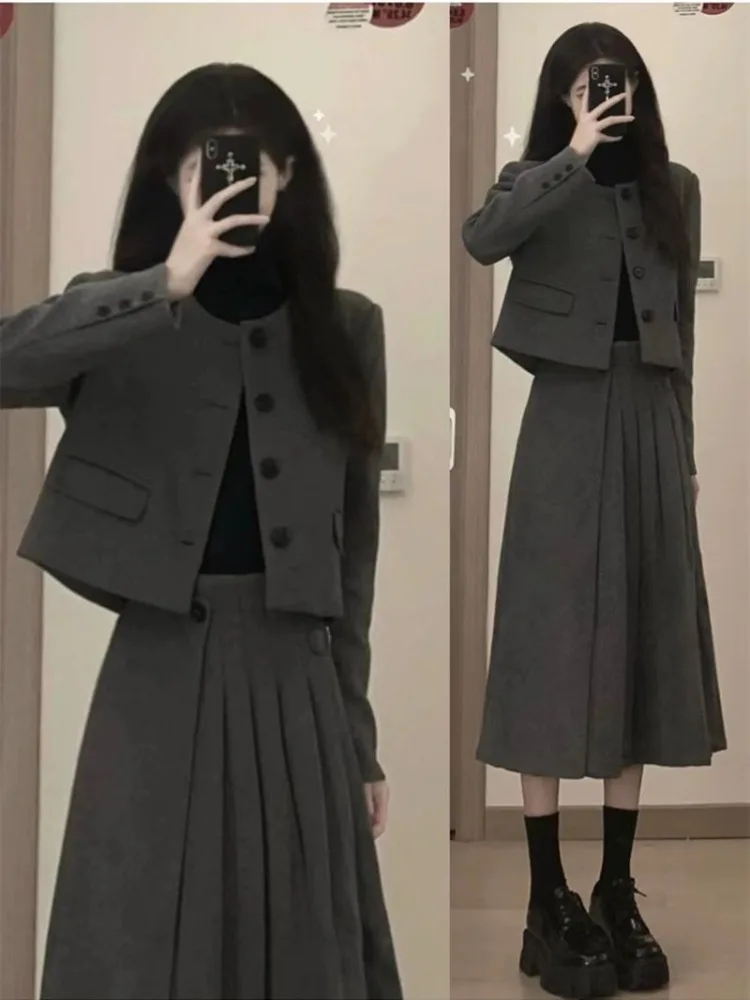 

UNXX Woolen Women Sets Long Sleeve Short Blazer Coat High Waist Pleated Midi Skirts Suits Autumn Winter Elegant Lady Skirt Set