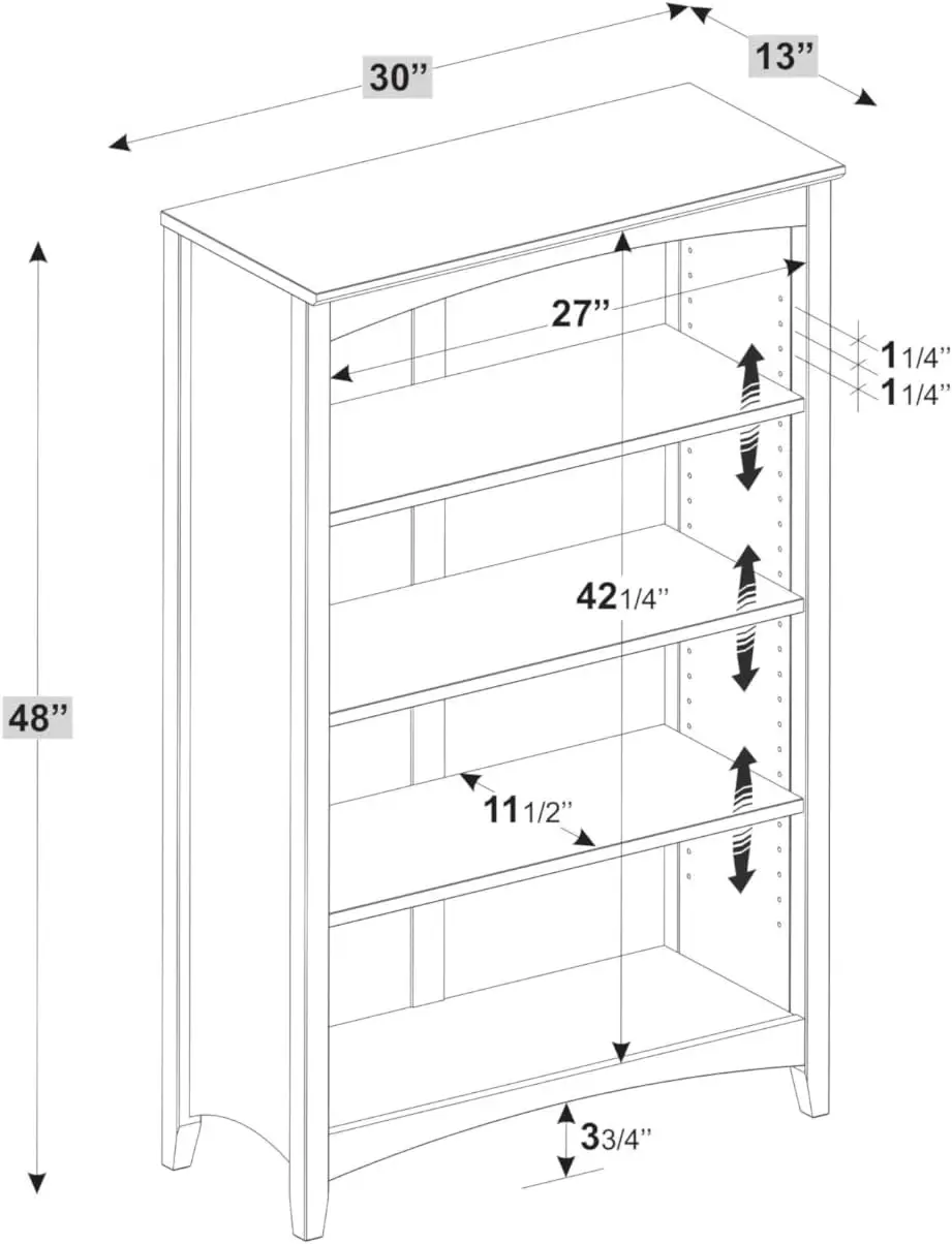 Madeira maciça Exibição Estante para Sala de estar, Shaker Estilo, alta, ajustável Prateleiras, fechado Voltar, 4 Prateleira, 48"