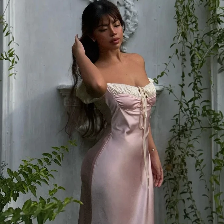 ภาษาฝรั่งเศสคําElegantชุดสีชมพูY2Kฤดูร้อนSlimหวานชุดเดรสแฟชั่นชุดราตรีคลับVestidosผู้หญิงอารมณ์ใหม่ชุด