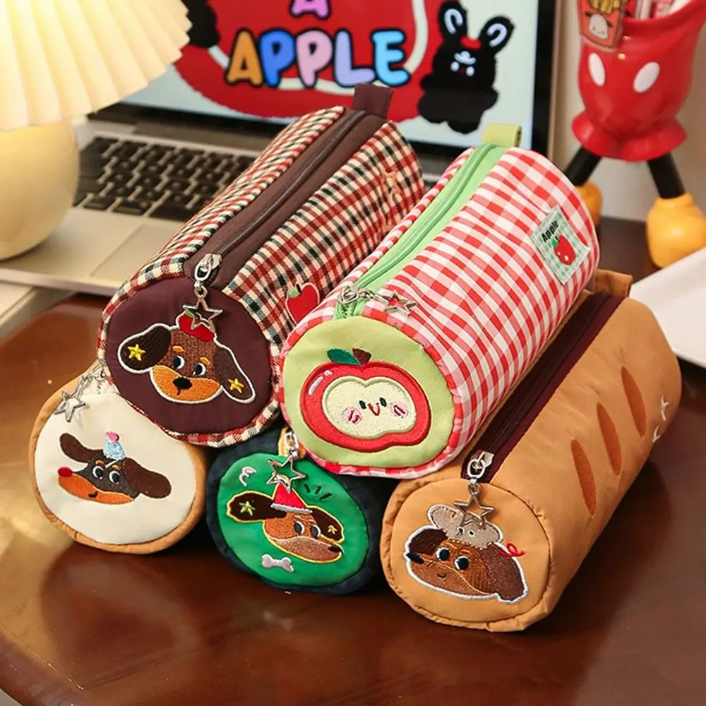 

Desk Storage Bag Pencil Case Pouch Pillow Shape Zipper Embroidery Pen Case Stationery Box Large Capacity Plaid Pen Bag Students