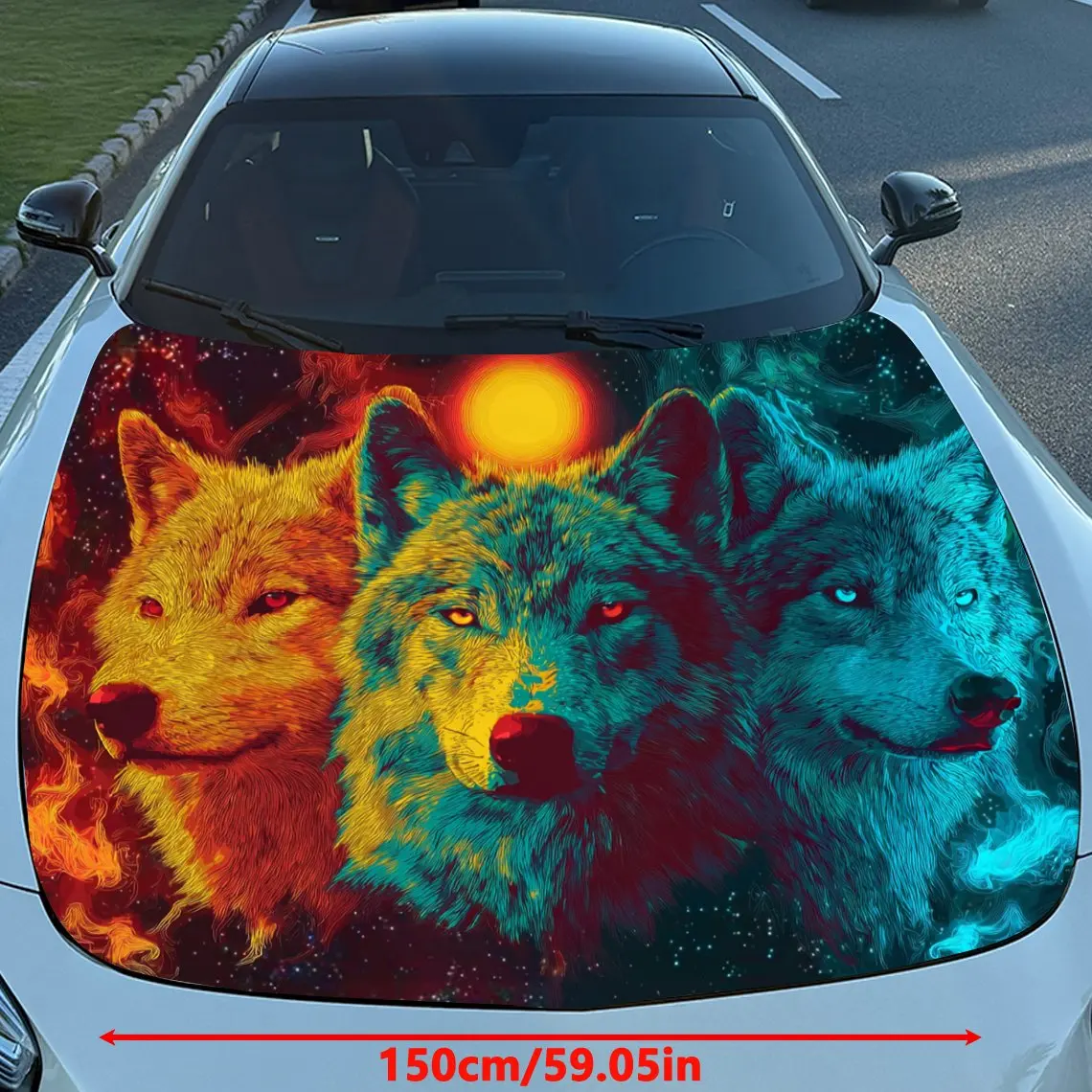 Neon Wolf Tribe Car Vinyl Wrap, PVC Material Waterproof Car Hood Sticker, Self-Adhesive Scratch-Resistant Stickers for Engine Co