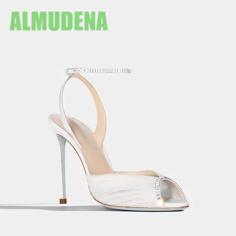 

Mesh Fish Mouth Sandals Fashion Black and White Monochrome Ankle Buckle Design Stiletto High Heels Sandalias De Mujer Verano