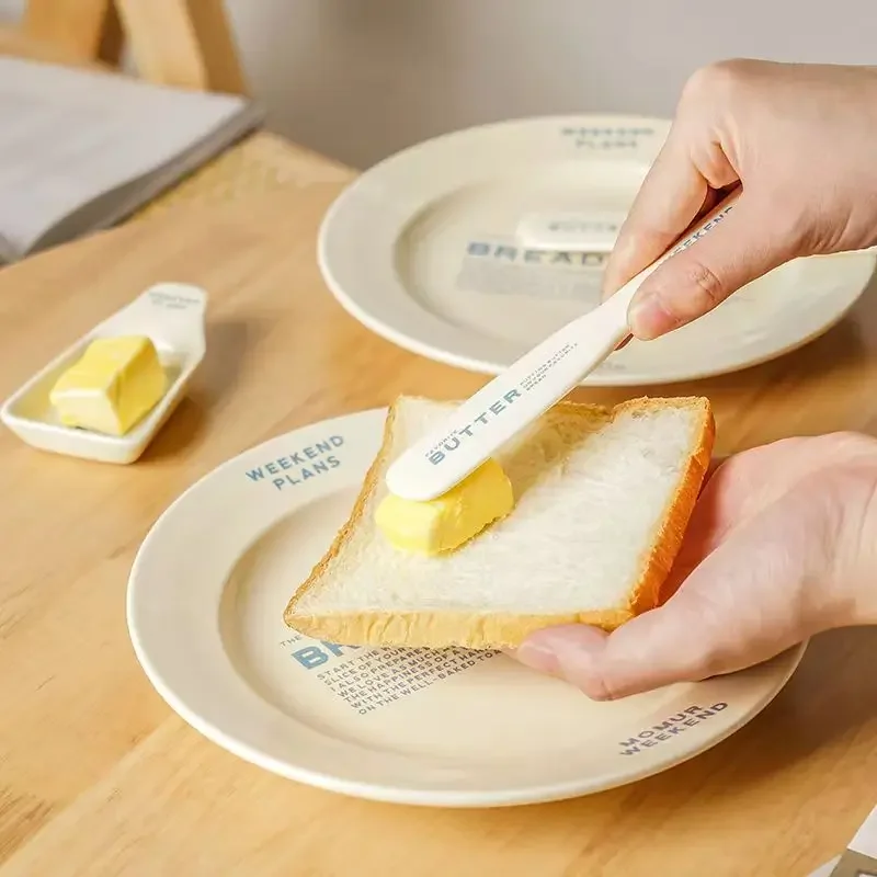 Korean Ins Niche Cream Yellow Letter Circular Ceramic Plate Small Ingredient Plate Butter Spatula Breakfast Dessert Plate