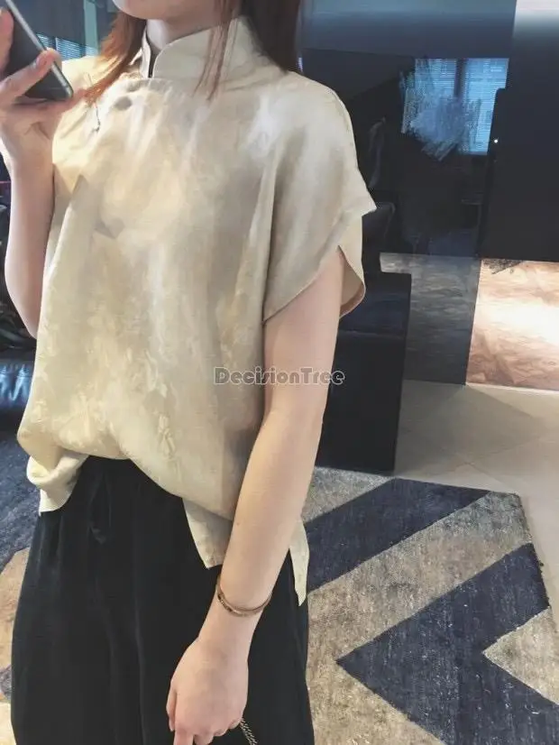 2025 chinese style linen jacquard qipao collar champagne color elegant short sleeves blouse for women girl