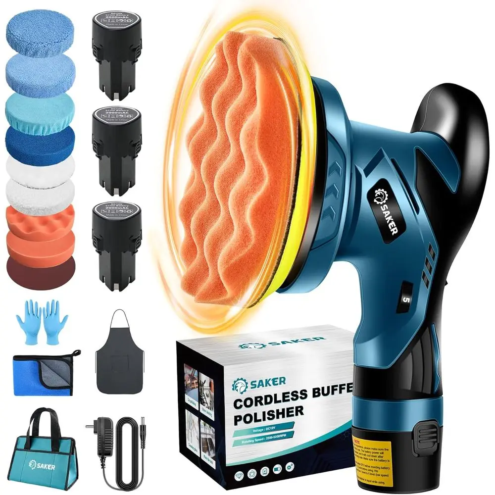 

6 Inch Portable Car Polisher Kit with 3 Batteries, Accessories for Waxing and Detailing