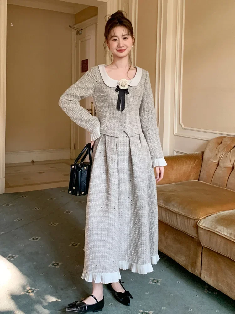 

Fashion Jacket Coat + Pleated Long Skirt Suits Luxury Brand Two Piece Sets High Quality 2025 Spring New French 2 Piece Set Women