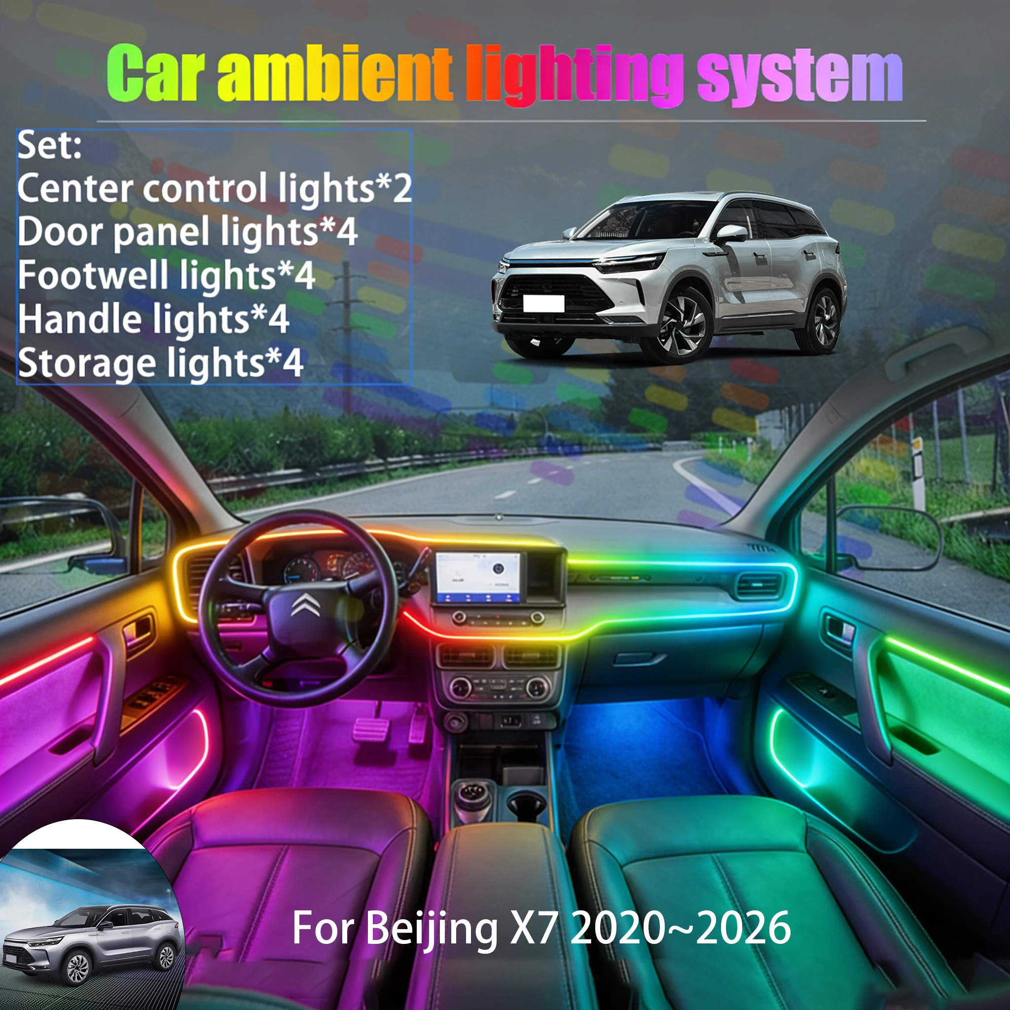 

Для BAIC X7 (2020-2026) и BAIC X75: Комплект светодиодной подсветки салона и багажника 2/18 в 1, USB RGB, с эффектом бегущих огней
