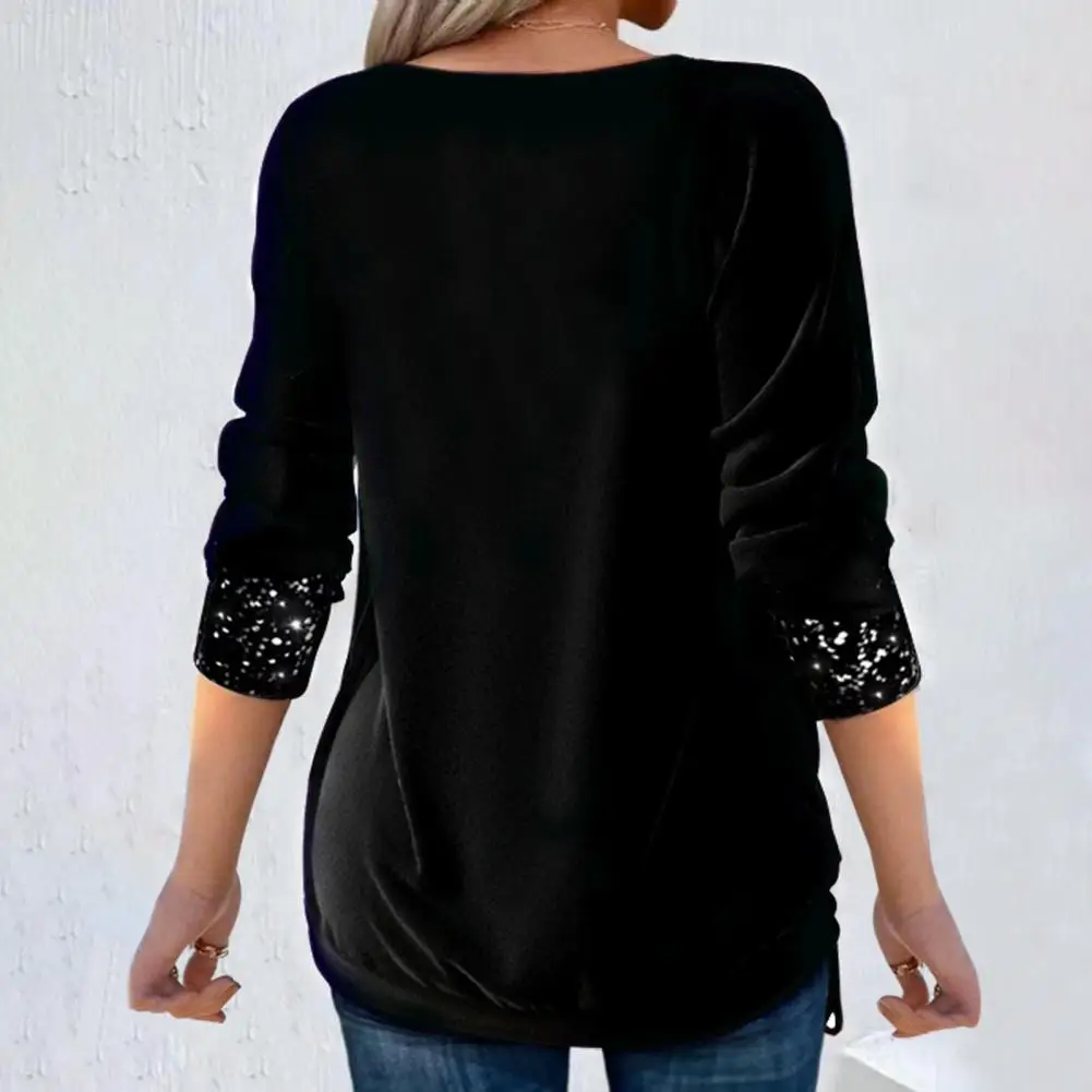 Blusa de terciopelo con cuello oscilante para mujer, Top elegante de manga larga con costura de lentejuelas, dobladillo con cordón, elegante