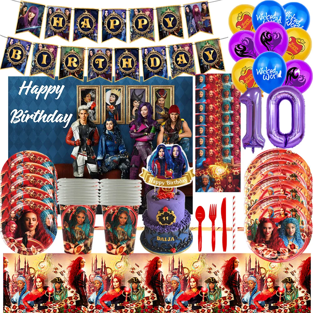 

﻿Descendants Theme Kids Birthday Party Decorations Disposable Tableware Cups Plates Balloons Background Banner Party Supplies