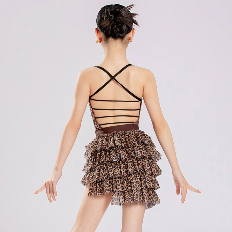 children's-leopard-latin-dance-performance-costume-girls-practice-competition-backless-bodysuit-irregular-cake-skirt-dancewear
